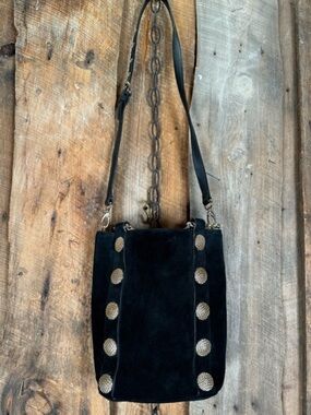 Vintage Reiss Black Suede Bucket Bag with Gold Medallions